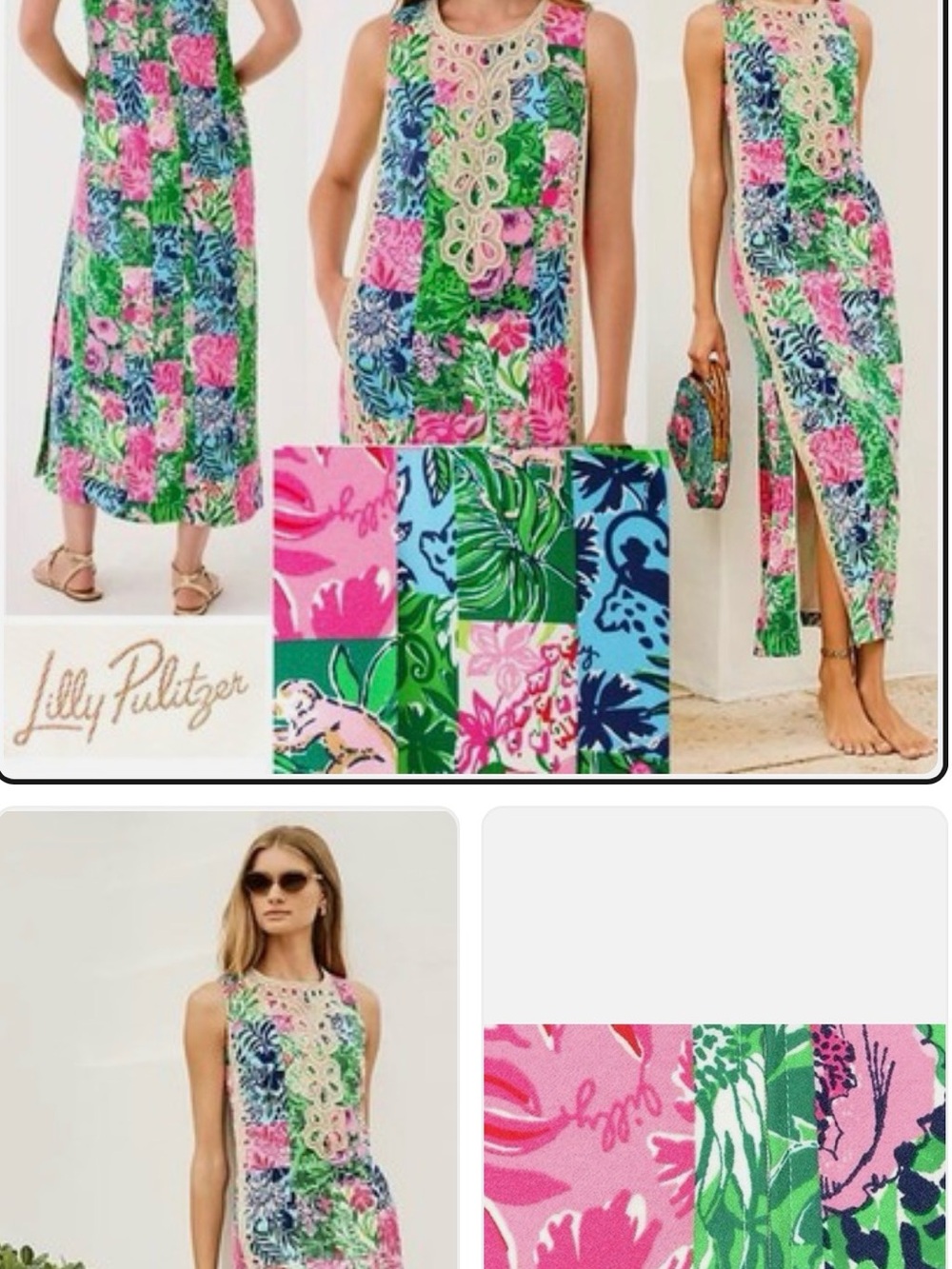 Lilly Pulitzer Pink Green Blue Floral Patchwork Crochet-Detail Maxi Dress